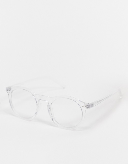 ASOS DESIGN round fashion glasses in plastic with clear lens