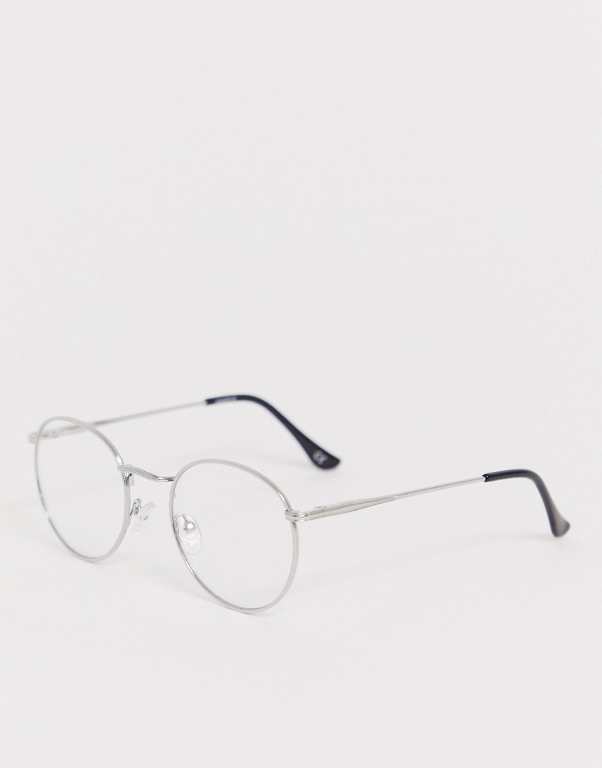 ASOS DESIGN round fashion glasses in silver metal with clear lens