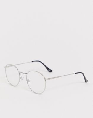 ASOS DESIGN round fashion glasses in silver metal with clear lenses