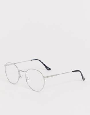 ASOS DESIGN round fashion glasses in silver metal with clear lenses