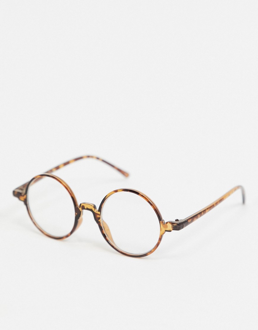 ASOS DESIGN round fashion glasses in tort with clear lens-Brown