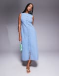 [ASOS DESIGN] ASOS DESIGN round neck denim maxi dress with button-front opening in bleach-Blue XS Bleach