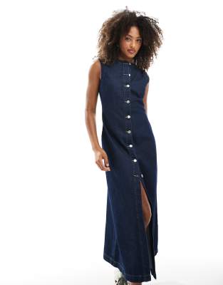 Asos Design Round Neck Denim Maxi Dress With Button Front Opening In Blue