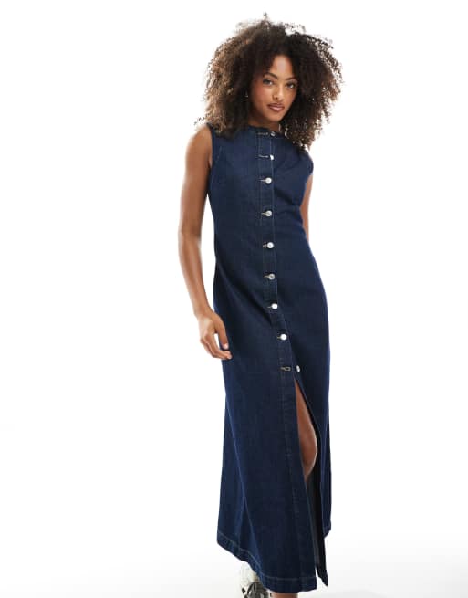 ASOS DESIGN round neck denim maxi dress with button front opening in indigo