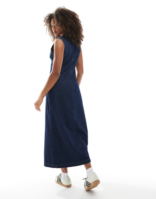 ASOS DESIGN round neck denim maxi dress with button front opening in indigo