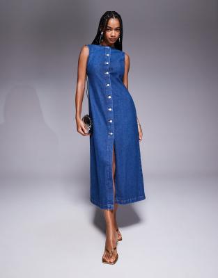 round neck denim maxi dress with button front opening in mid blue