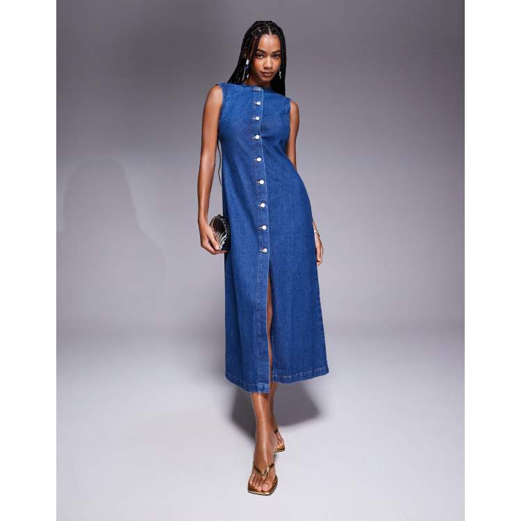 ASOS DESIGN round neck denim maxi dress with button front opening in mid  blue | ASOS