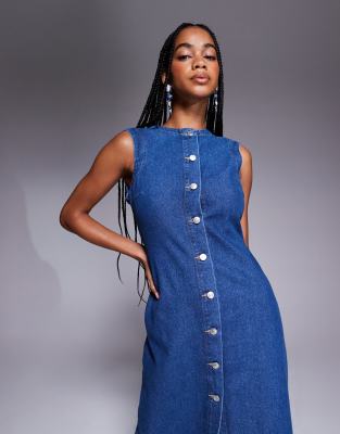 Asos Design Round Neck Denim Maxi Dress With Button Front Opening