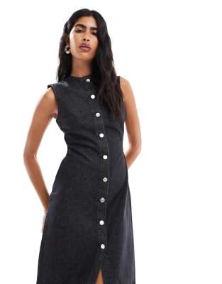 Asos Design Round Neck Denim Maxi Dress With Button Front Opening In Black