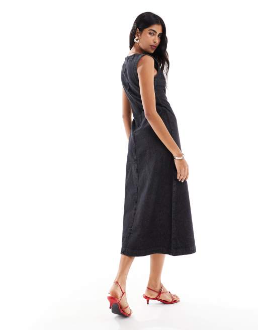 ASOS DESIGN round neck denim maxi dress with button front opening in washed black