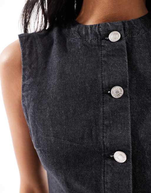 ASOS DESIGN round neck denim maxi dress with button front opening in washed black