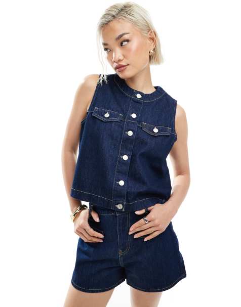 ASOS DESIGN round neck denim waistcoat co-ord in indigo - view 1