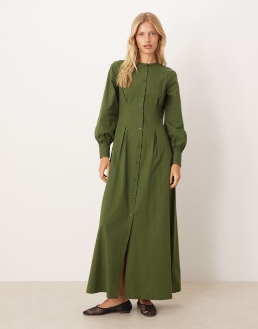 ASOS DESIGN round neck puff sleeve button through maxi dress in green