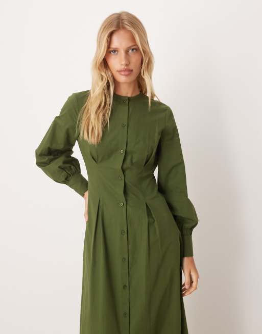 ASOS DESIGN round neck puff sleeve button through maxi dress in green