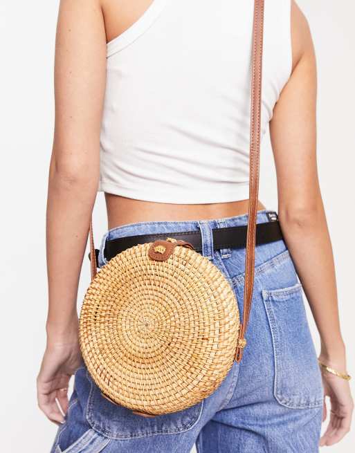 Round rattan shoulder online bag