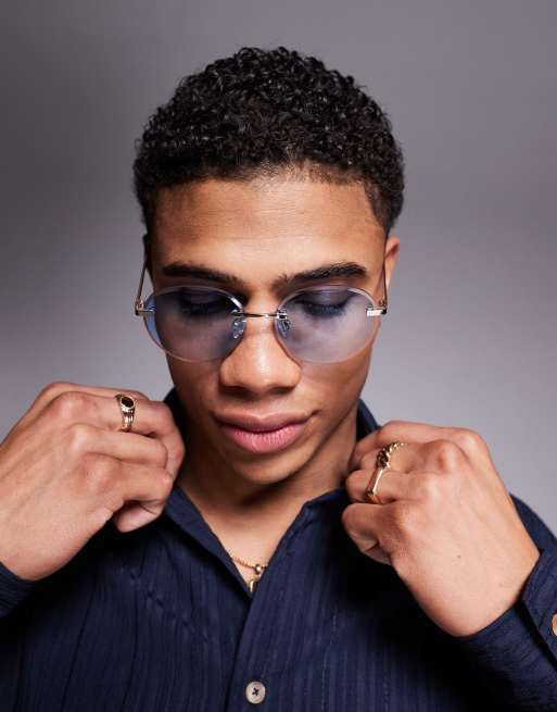 ASOS DESIGN round rimless sunglasses with blue ombre lens and gold temples