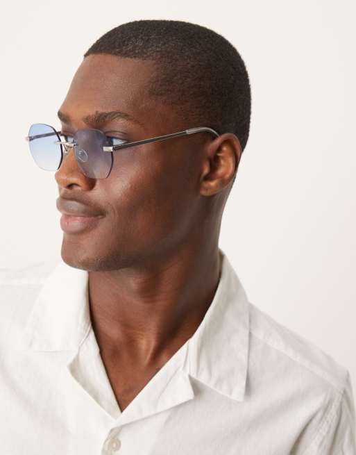 ASOS DESIGN round rimless sunglasses with blue ombre lens and silver temples