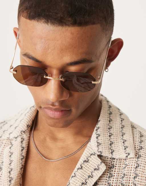 ASOS DESIGN round rimless sunglasses with brown lens and gold temples