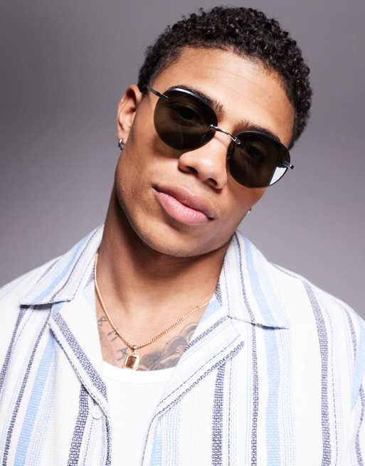ASOS DESIGN round rimless sunglasses with green smoke lens and silver temples