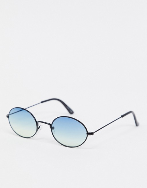 ASOS DESIGN round sunglasses in black metal with blue lens