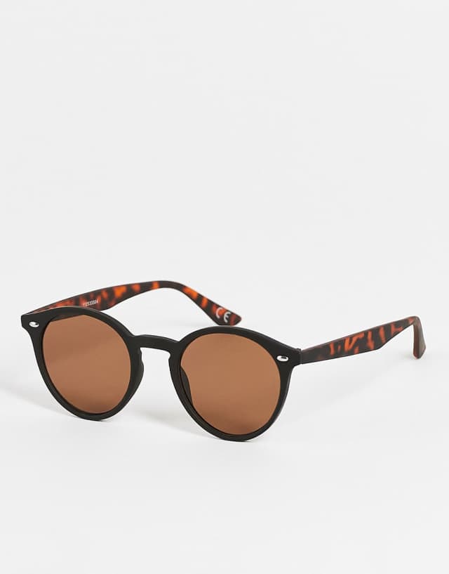 ASOS DESIGN round sunglasses in black with tortoiseshell detail - BLACK