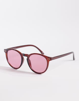 ASOS DESIGN ASOS DESIGN round sunglasses in burgundy frame with pink lens-Red