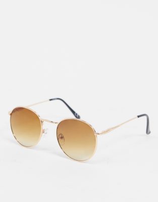 ASOS DESIGN round sunglasses in copper metal with brown grad lens-Gold