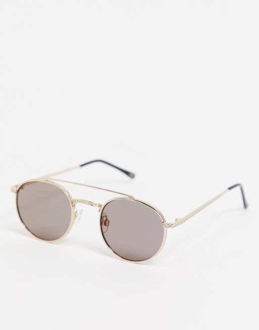 Asos Design Round Sunglasses In Gold With Brow Bar And Smoke Lens Asos 