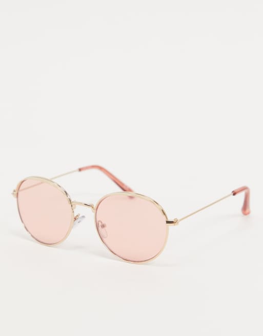 Asos Design Round Sunglasses In Gold With Light Pink Lens Asos 