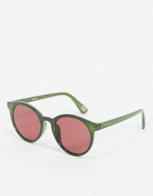 ASOS DESIGN round sunglasses in khaki plastic with burgundy lens