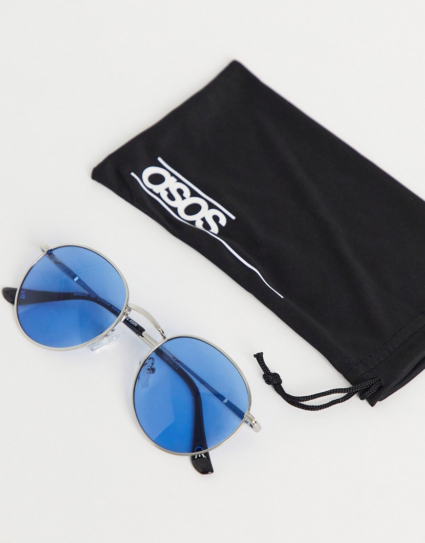 ASOS DESIGN round sunglasses in silver metal with blue lens