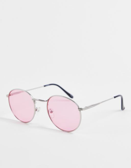 ASOS DESIGN round sunglasses in silver metal with pink lens