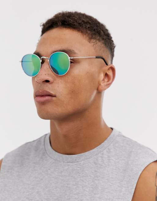 ASOS DESIGN round sunglasses in silver with green mirror lenses