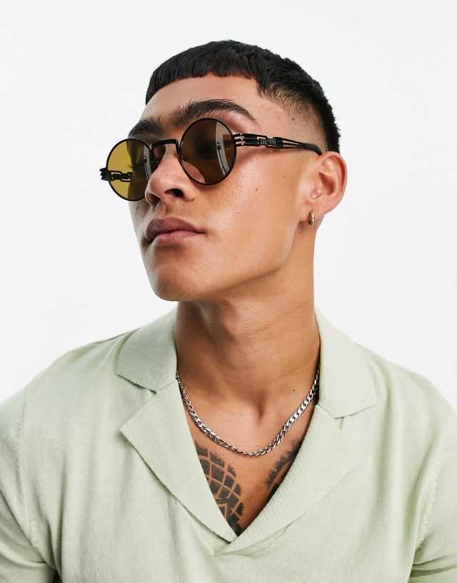 ASOS DESIGN - round sunglasses with arm detail with silver mirror lens in black