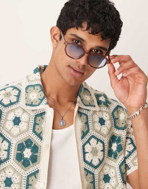 ASOS DESIGN round sunglasses with brown frame and blue lens - view 1