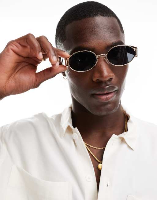ASOS DESIGN round sunglasses with chunky temple with smoke lens in gold, 4 of 4