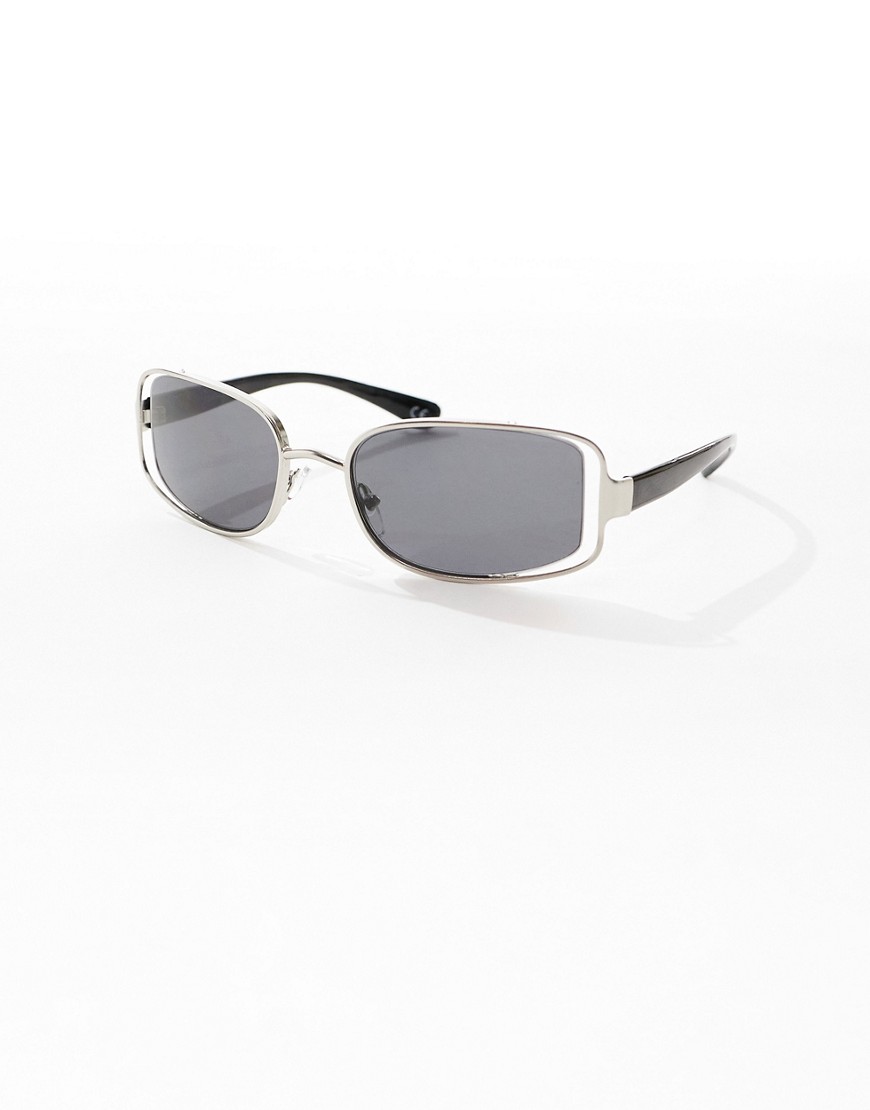 Asos Design Round Sunglasses With Cut Out Details With Silver Frame In Gray