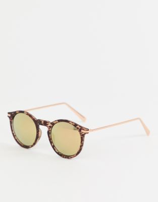 ASOS DESIGN round sunglasses with metal arms and flash lens in matt tort-Brown