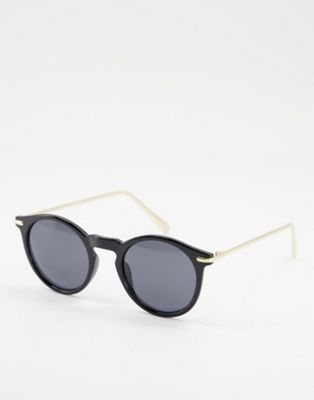 ASOS DESIGN round sunglasses with metal arms in shiny black