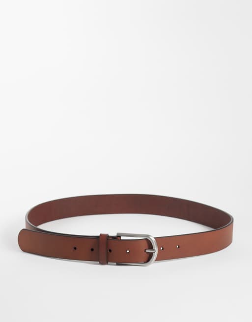 ASOS DESIGN rounded edge buckle real leather belt in brown | ASOS