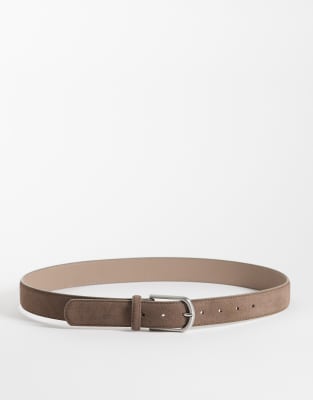 Asos Design Rounded Edge Buckle Real Suede Belt In Brown