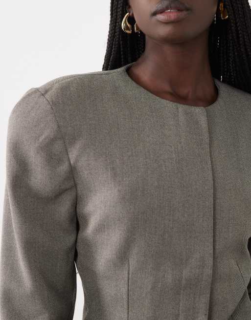 ASOS DESIGN rounded shoulder cinch blazer in grey, 3 of 4