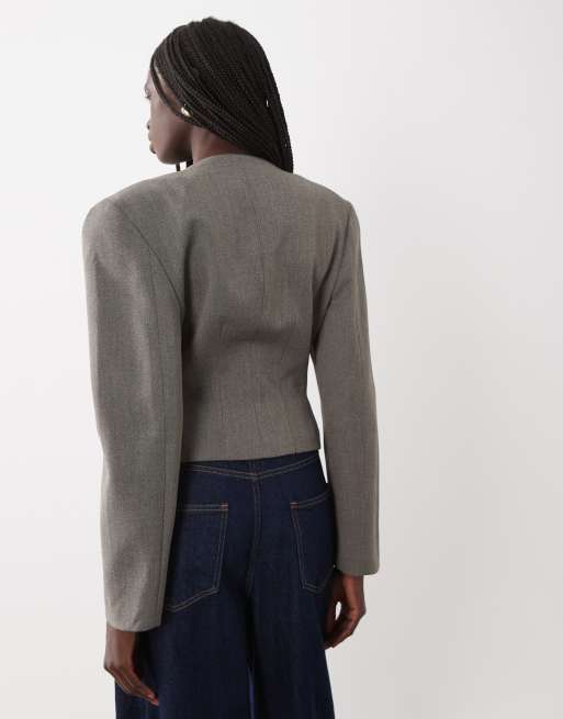 ASOS DESIGN rounded shoulder cinch blazer in grey, 4 of 4