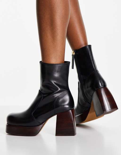 ASOS DESIGN Rowan premium leather platform heeled boots in black, 2 of 4