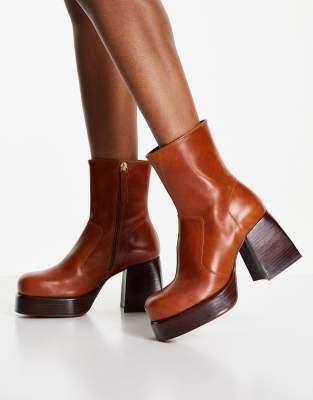 ASOS DESIGN ROWAN PREMIUM LEATHER PLATFORM HEELED BOOTS IN TAN-BROWN,ASOS DESIGN ROWAN