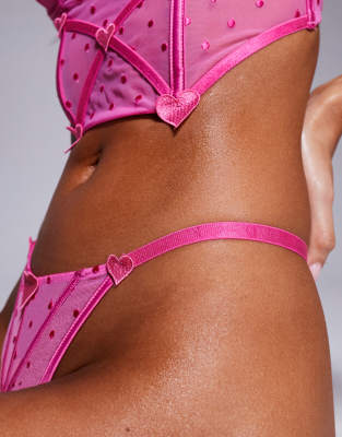 ASOS DESIGN ROXY SPOT MESH TANGA THONG WITH APPLIQUE HEART DETAILS 