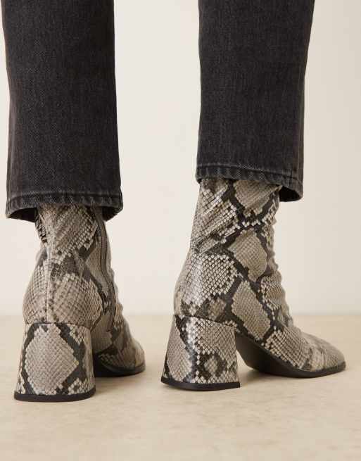 ASOS DESIGN Royce round toe block heeled ankle boots in gray snake