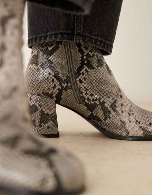 ASOS DESIGN Royce round toe block heeled ankle boots in grey snake, 3 of 4