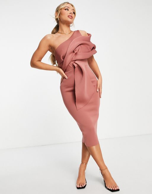 ASOS DESIGN – Różana ołówkowa sukienka midi z odkrytymi ramionami | ASOS