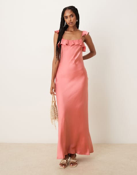ASOS DESIGN – Różana satynowa sukienka maxi na ramiączkach z falbankami - view 1